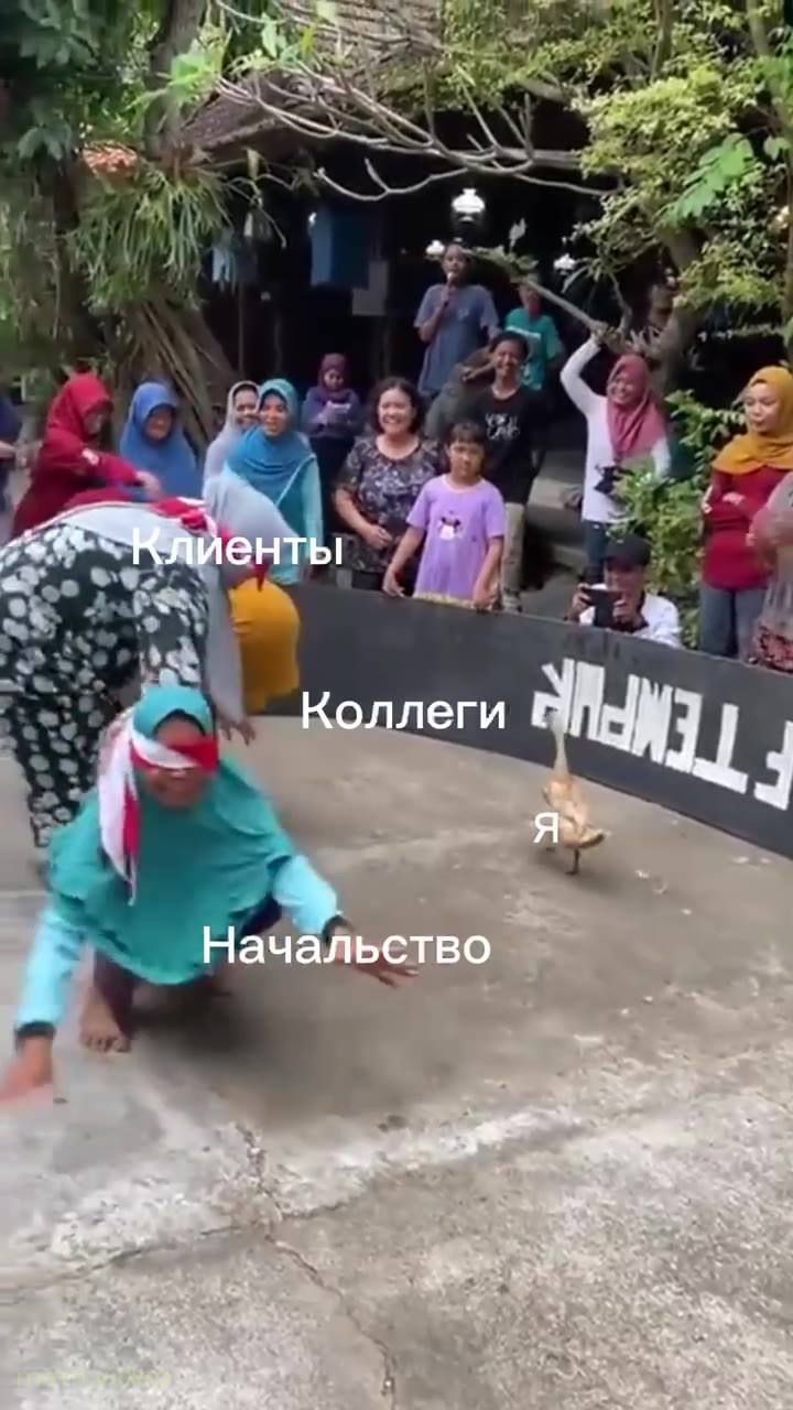 Кадр: Женщины с завязанными глазами пытаются поймать гуся