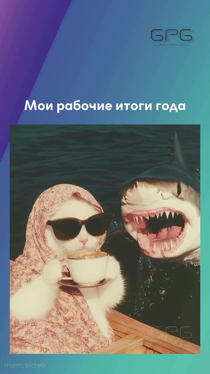 Кадр: Спокойный кот в платке и очках на фоне катастроф