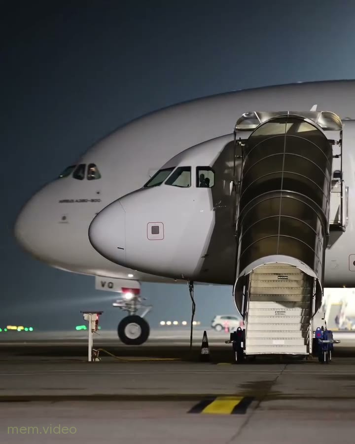 Кадр: Огромный самолет Emirates выезжает из-за маленького