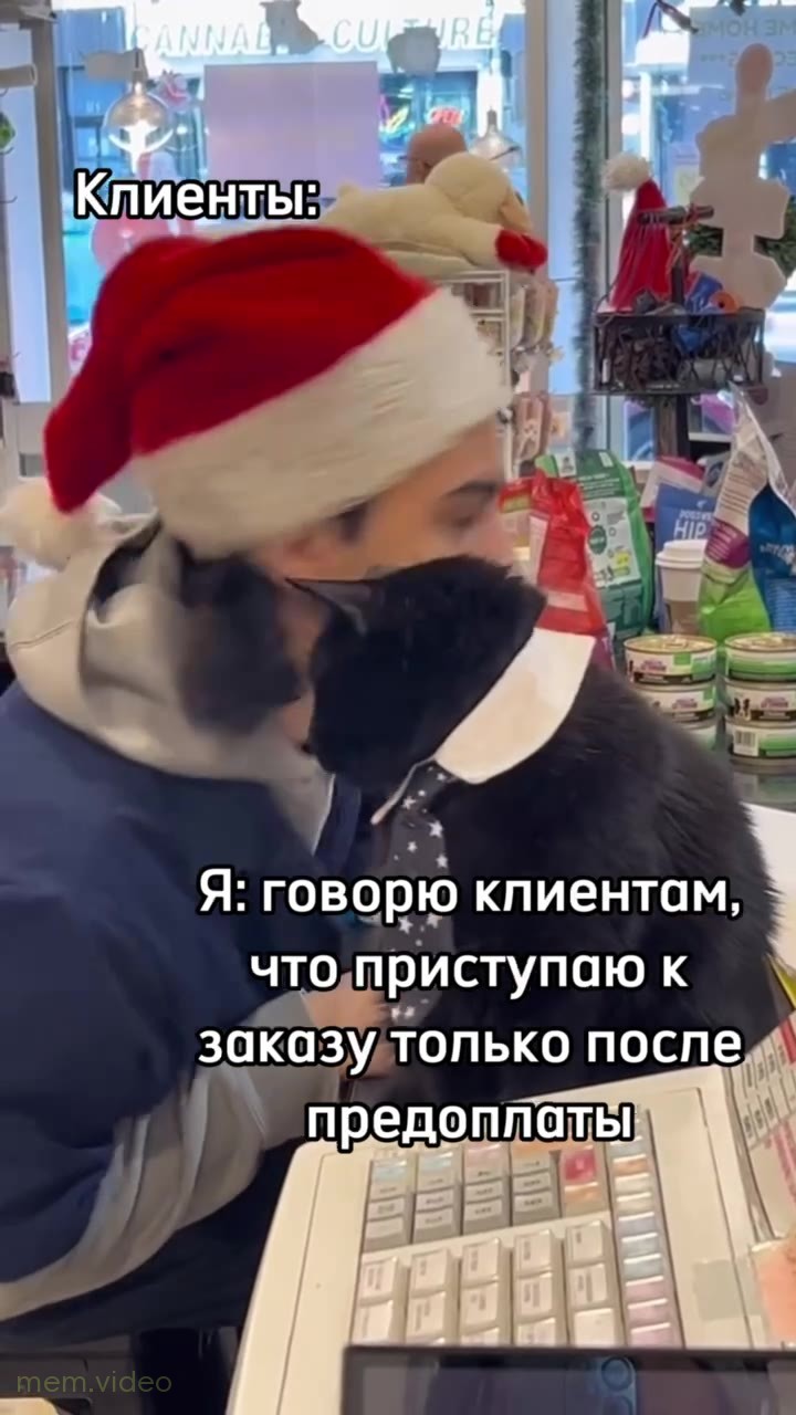 Кадр: Мужчина целует черного кота в галстуке