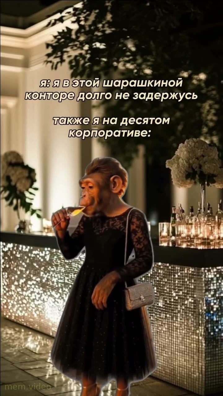Кадр: Обезьяна в черном платье с бокалом шампанского