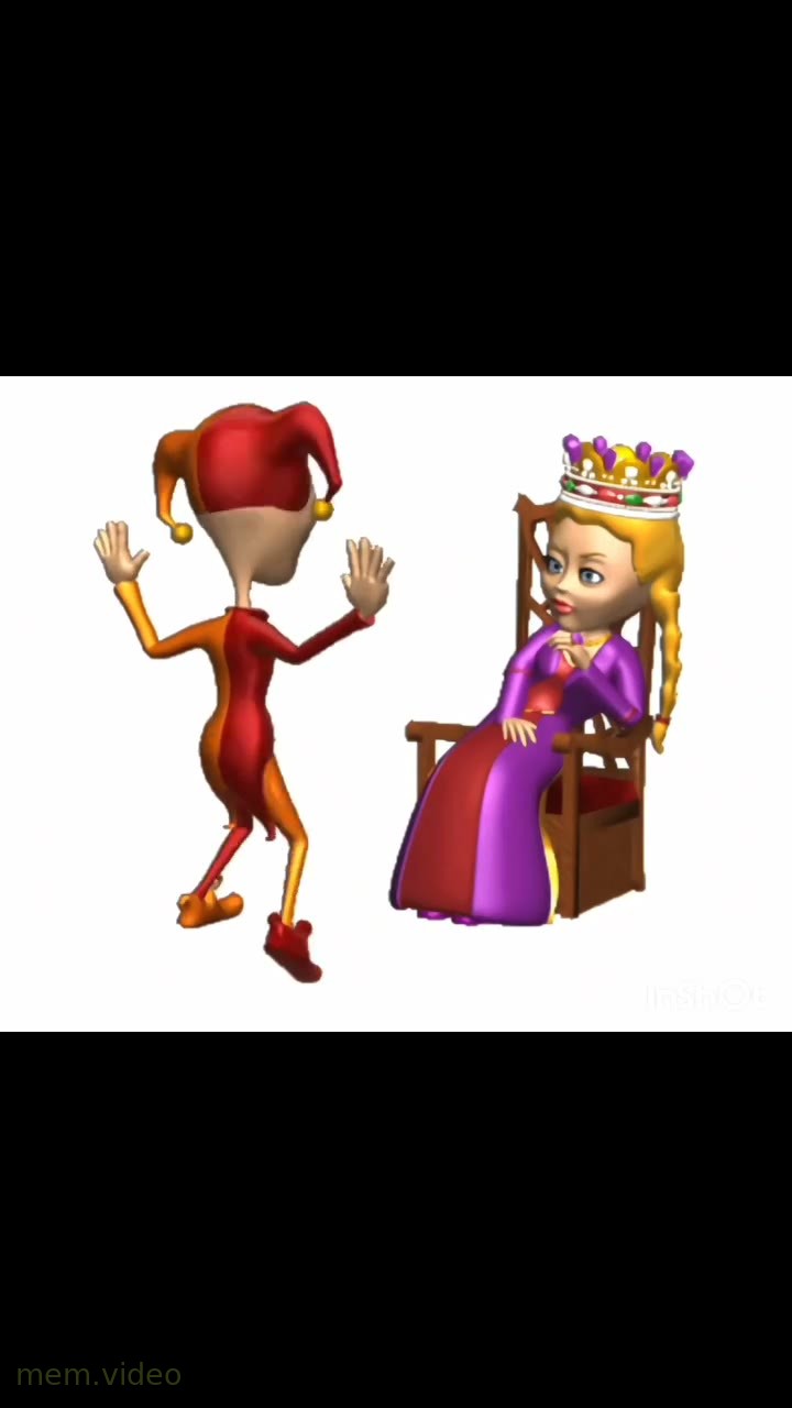 Кадр: Анимация: шут танцует перед королевой на белом фоне