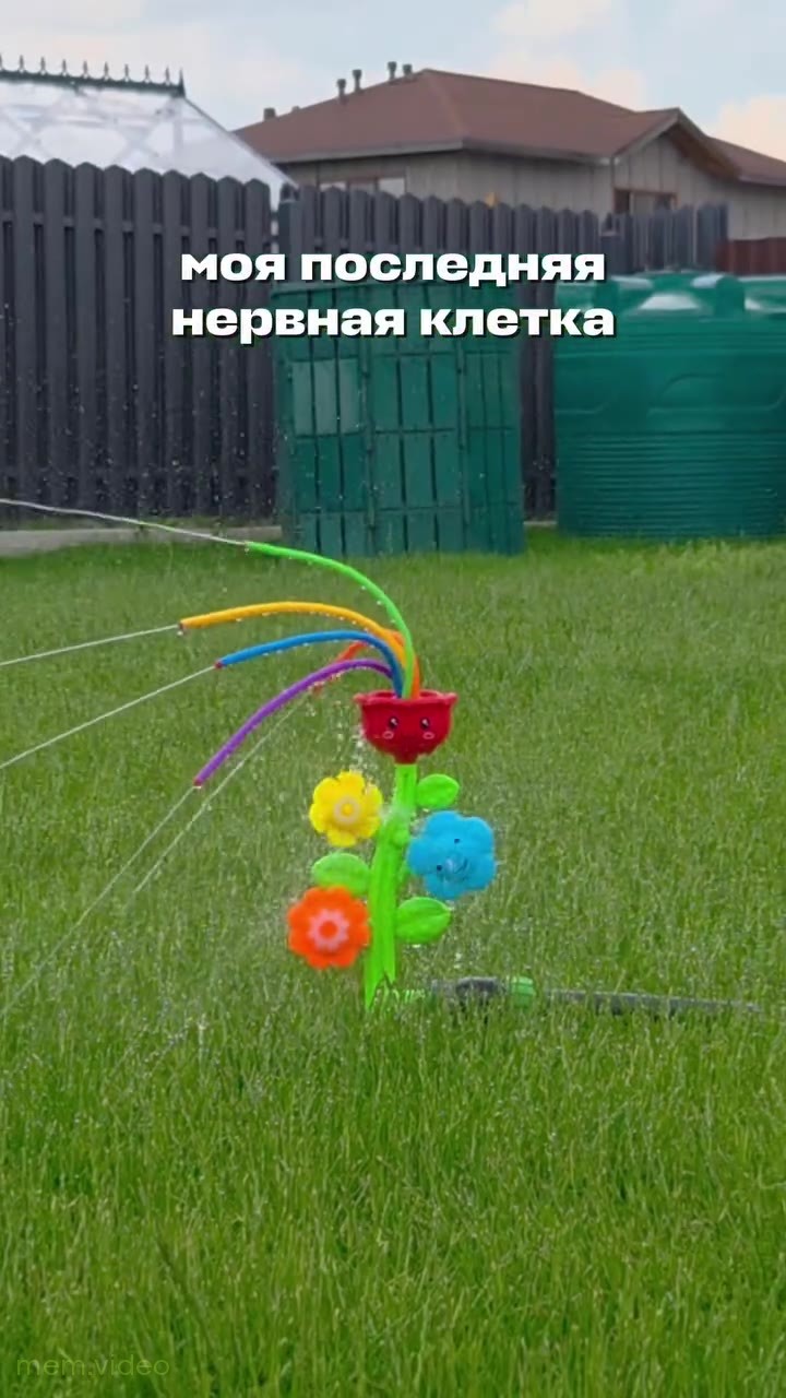 Кадр: Игрушка под дождевателем ломается под мощным напором воды