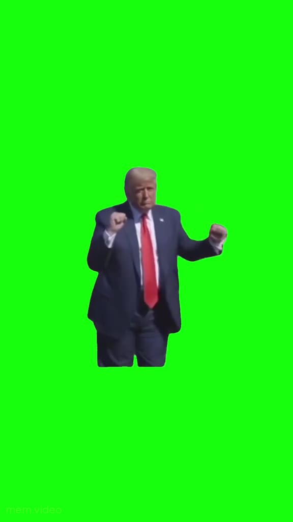 Кадр: Трамп танцует на зеленом фоне в синем костюме
